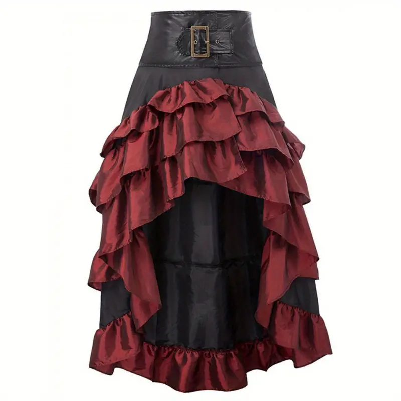 Red Gothic Steampunk Skirt – High-Low Belted Victorian Cosplay Skirt