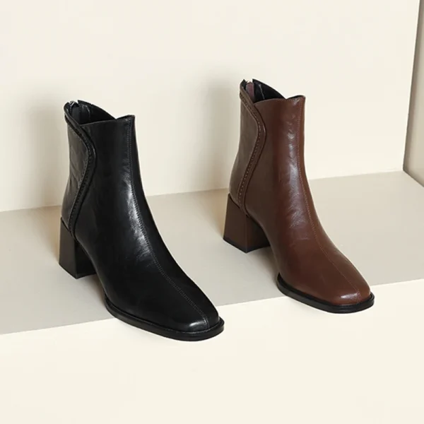 Retro Square-Toe Leather Ankle Boots Women
